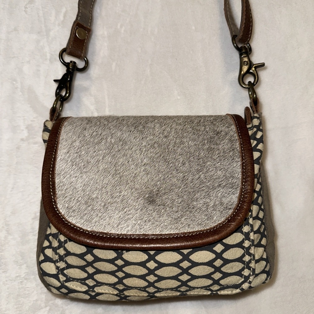Myra Tan And Gray Canvas Bag With Fur Crossbody Purse